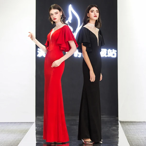 Chic / Belle Noire Robe De Soirée 2019 Trompette / Sirène Col Haut En Dentelle Fleur Manches Courtes Longue Robe De Ceremonie