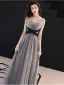 Chic / Beautiful Grey Evening Dresses  2019 A-Line / Princess V-Neck Bow Spotted Sleeveless Backless Floor-Length / Long Formal Dresses