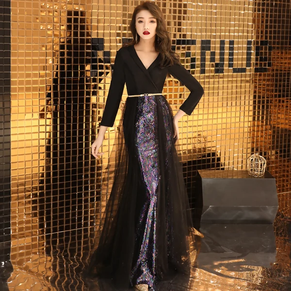 Chic / Beautiful Black Evening Dresses  2019 A-Line / Princess V-Neck Sash Sequins 3/4 Sleeve Floor-Length / Long Formal Dresses