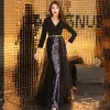 Chic / Beautiful Black Evening Dresses  2019 A-Line / Princess V-Neck Sash Sequins 3/4 Sleeve Floor-Length / Long Formal Dresses