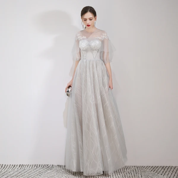 Elegant Grey Evening Dresses  2019 A-Line / Princess Scoop Neck Appliques Lace Flower 1/2 Sleeves Floor-Length / Long Formal Dresses