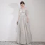 Elegant Grey Evening Dresses  2019 A-Line / Princess Scoop Neck Appliques Lace Flower 1/2 Sleeves Floor-Length / Long Formal Dresses