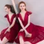 Chic / Beautiful Burgundy Homecoming Graduation Dresses 2019 A-Line / Princess Deep V-Neck Beading Lace Flower Cap Sleeves Backless Tea-length Formal Dresses