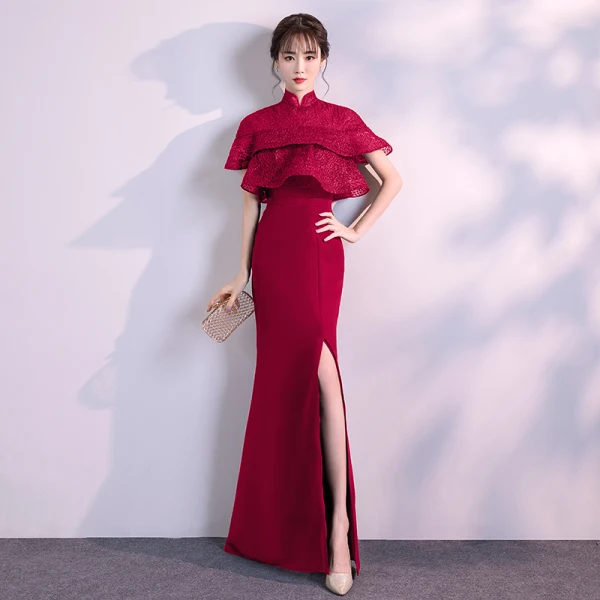 Chinese style Black Evening Dresses 2019 Trumpet / Mermaid High Neck Short Sleeve Split Front Floor-Length / Long Formal Dresses