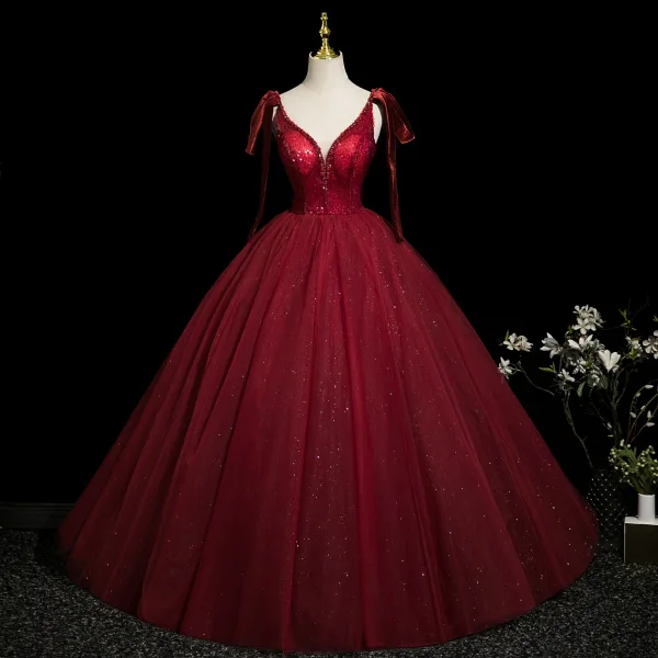 Bling Bling Burgundy Beading Sequins Prom Dresses 2025 Ball Gown Spaghetti Straps Sleeveless Backless Floor-Length / Long Formal Dresses