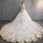 Luxury / Gorgeous Champagne 2019 Wedding Dresses Ball Gown Off-The-Shoulder Buttons Lace Flower Sleeveless Backless Royal Train