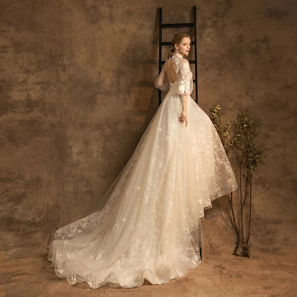 Elegant Champagne Wedding Dresses 2019 A-Line / Princess High Neck Lace Flower 3/4 Sleeve Backless Chapel Train