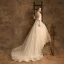 Elegant Champagne Wedding Dresses 2019 A-Line / Princess High Neck Lace Flower 3/4 Sleeve Backless Chapel Train