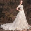 Charming Champagne 2019 Wedding Dresses A-Line / Princess Scoop Neck Lace Flower Glitter Tulle Short Sleeve Backless Cathedral Train