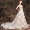 Charming Champagne 2019 Wedding Dresses A-Line / Princess Scoop Neck Lace Flower Glitter Tulle Short Sleeve Backless Cathedral Train