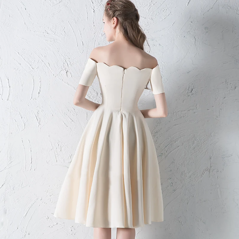 Modest Simple Champagne Homecoming Graduation Dresses 2018 A Line Princess  Off The Shoulder Backless Sleeveless Knee Length Formal Dresses
