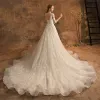 Elegant Champagne Wedding Dresses 2019 A-Line / Princess Scoop Neck Lace Flower Star 3/4 Sleeve Backless Chapel Train