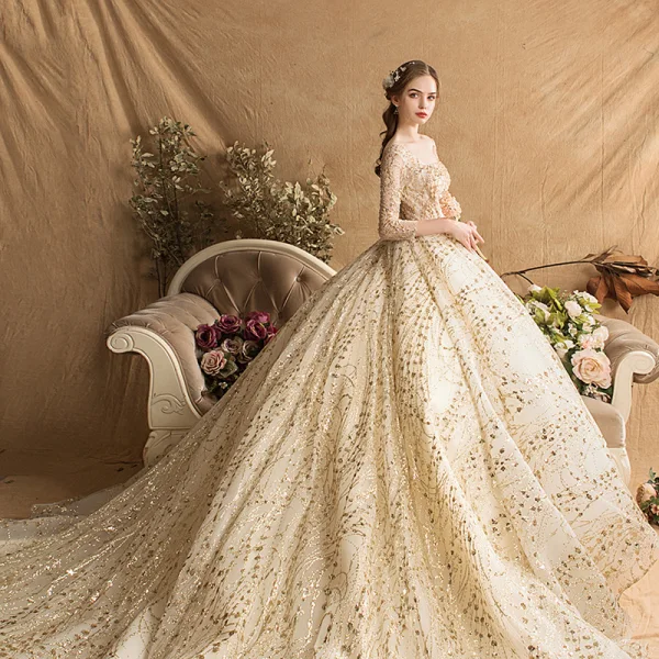 Luxury / Gorgeous Gold Wedding Dresses 2019 Ball Gown Square Neckline Glitter Tulle Beading Sequins Crystal 3/4 Sleeve Backless Royal Train