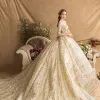 Luxury / Gorgeous Gold Wedding Dresses 2019 Ball Gown Square Neckline Glitter Tulle Beading Sequins Crystal 3/4 Sleeve Backless Royal Train