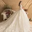 Luxe Champagne Robe De Mariée 2019 Robe Boule Encolure Dégagée Perlage Cristal Gland Paillettes En Dentelle Fleur 3/4 Manches Dos Nu Royal Train