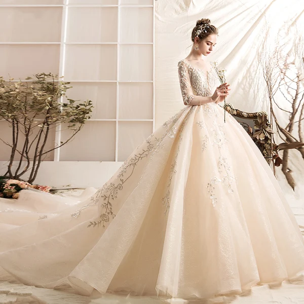 Luxury / Gorgeous Champagne Wedding Dresses 2019 Ball Gown Scoop Neck Handmade Beading Lace Flower Crystal 3/4 Sleeve Backless Royal Train
