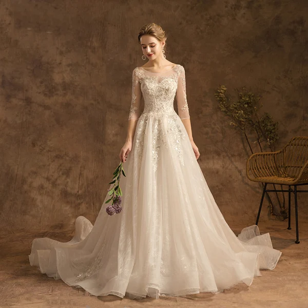 Charming Champagne Wedding Dresses 2019 A-Line / Princess Scoop Neck Beading Lace Flower Sequins 3/4 Sleeve Backless Cathedral Train Wedding