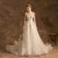 Charming Champagne Wedding Dresses 2019 A-Line / Princess Scoop Neck Beading Lace Flower Sequins 3/4 Sleeve Backless Cathedral Train Wedding