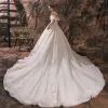Elegant Champagne Wedding Dresses 2019 Ball Gown Scoop Neck Lace Flower Short Sleeve Backless Royal Train