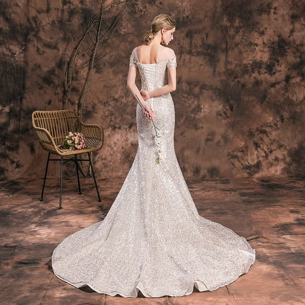 Sparkly Champagne Evening Dresses  2019 Trumpet / Mermaid Scoop Neck Glitter Lace Flower Sequins Short Sleeve Backless Chapel Train Formal Dresses