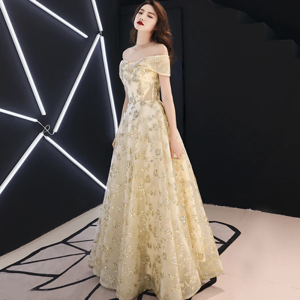Modern / Fashion Gold Evening Dresses 2019 A-Line / Princess Off-The-Shoulder Glitter Sequins Metal Sash Short Sleeve Backless Floor-Length / Long Formal Dresses
