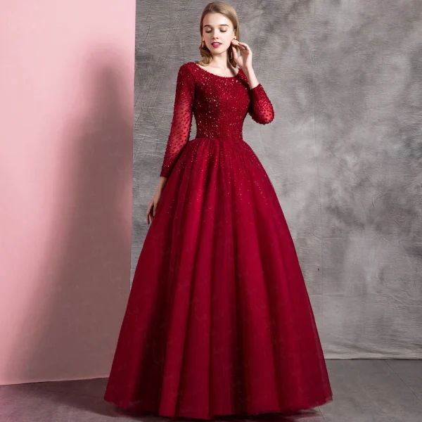 Chic / Beautiful Burgundy Prom Dresses 2019 A-Line / Princess Scoop Neck Beading Crystal Sequins Long Sleeve Backless Floor-Length / Long Formal Chic / Beautiful Burgundy Prom Dresses 2019 A-Line / Princess Scoop Neck Beading Crystal Sequins Long Sleeve Backless Floor-Length / Long Formal