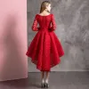 Chic / Beautiful Solid Color Red Cocktail Dresses 2019 A-Line / Princess Scoop Neck Lace Flower Long Sleeve Asymmetrical Formal Dresses