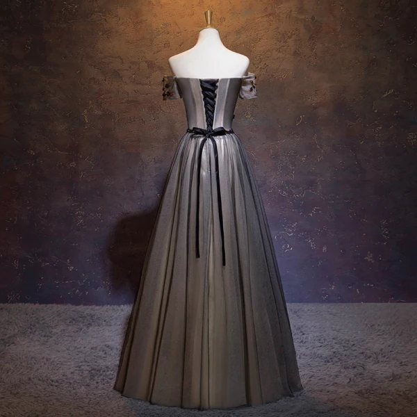 Elegant Black Prom Dresses A-Line / Princess Off-The-Shoulder Beading Crystal Appliques Short Sleeve Backless Bow Floor-Length / Long Formal Dresses