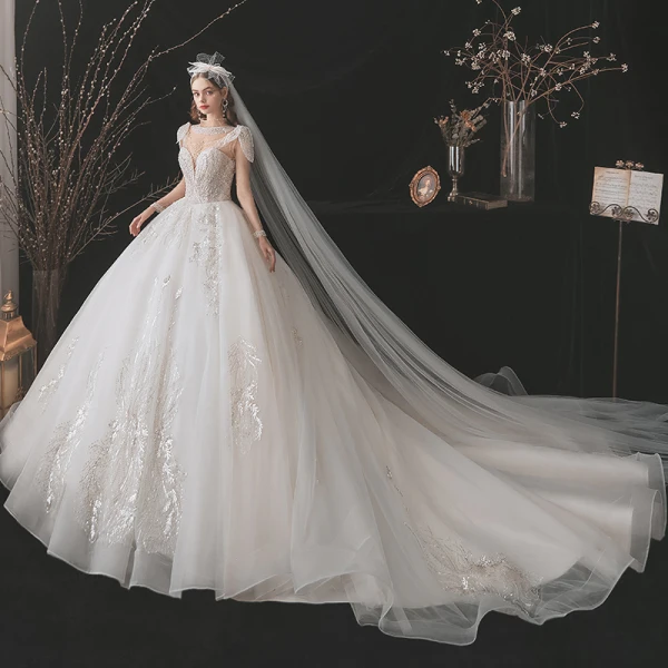 Charming Fabulous Ivory Wedding Dresses 2021 Ball Gown Scoop Neck Beading Rhinestone Lace Flower Long Sleeve Royal Train Wedding