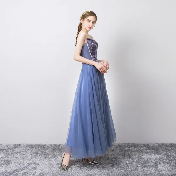 Chic / Beautiful Ocean Blue Evening Dresses  2019 A-Line / Princess Strapless Sleeveless Sequins Backless Floor-Length / Long Formal Dresses