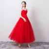 Enkla Enfärgad Röd Aftonklänningar 2019 Prinsessa Spaghettiband Rosett Ärmlös Halterneck Ankellång Formella Klänningar