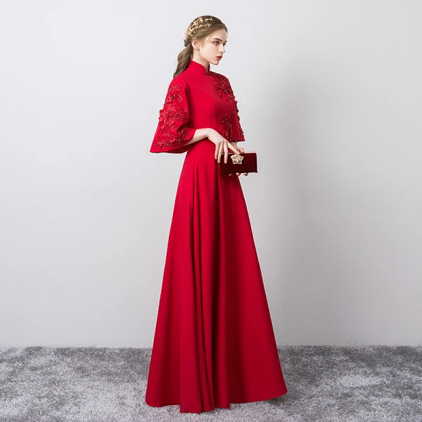 Chic / Beautiful Burgundy Evening Dresses 2019 A-Line / Princess High Neck Beading Lace Flower Appliques Bell sleeves Floor-Length / Long Formal Dresses