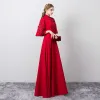 Chic / Beautiful Burgundy Evening Dresses  2019 A-Line / Princess High Neck Beading Lace Flower Appliques Bell sleeves Floor-Length / Long Formal Dresses