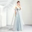 Elegant Sky Blue Prom Dresses 2019 A-Line / Princess Off-The-Shoulder Lace Flower Pearl Bow Sleeveless Backless Floor-Length / Long Formal Dresses