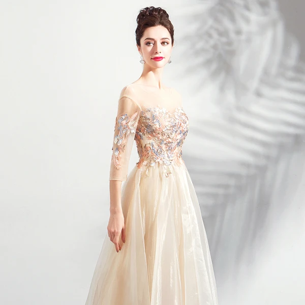 Elegant Champagne Prom Dresses 2019 A-Line / Princess Scoop Neck Embroidered 3/4 Sleeve Backless Floor-Length / Long Formal Dresses