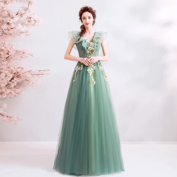 Elegant Sage Green Prom Dresses 2019 A-Line / Princess Ruffle V-Neck Lace Flower Appliques Sleeveless Backless Floor-Length / Long Formal Dresses