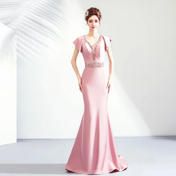 Chic / Beautiful Blushing Pink Evening Dresses 2019 Trumpet / Mermaid V-Neck Crystal Rhinestone Short Sleeve Backless Floor-Length / Long Formal Dresses