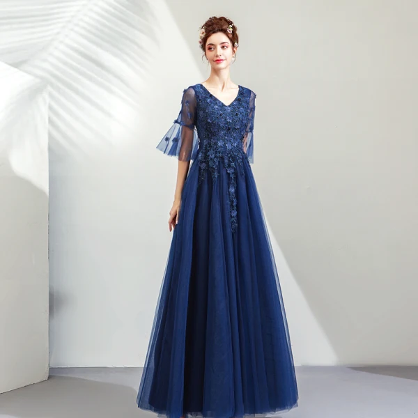 Elegant Navy Blue Prom Dresses 2019 A-Line / Princess V-Neck Beading Crystal Lace Flower Appliques 1/2 Sleeves Backless Floor-Length / Long Formal Dresses