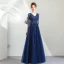 Elegant Navy Blue Prom Dresses 2019 A-Line / Princess V-Neck Beading Crystal Lace Flower Appliques 1/2 Sleeves Backless Floor-Length / Long Formal Dresses
