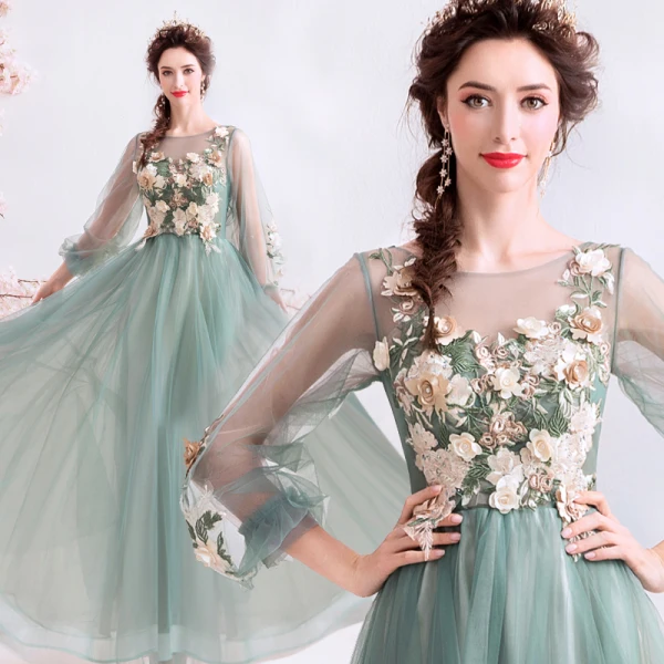 Bloemenfee Jade Groen Galajurken 2019 A lijn Ronde Hals Kant Bloem Appliques Parel Rhinestone 3/4 Mouwen Ruglooze Lange Gelegenheid Jurken