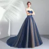 Elegant Navy Blue Prom Dresses 2019 A-Line / Princess Sweetheart Sleeveless Backless Court Train Formal Dresses
