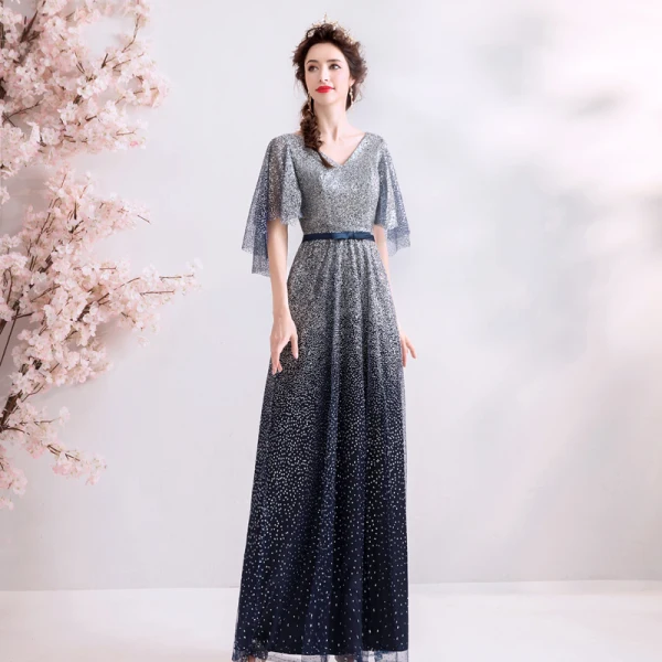 Scintillantes Bleu Marine Dégradé De Couleur Robe De Soirée 2019 Princesse V-Cou Paillettes Noeud 1/2 Manches Dos Nu Longue Robe De Ceremonie
