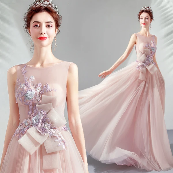 Élégant Perle Rose Robe De Soirée 2019 Princesse Encolure Dégagée Appliques En Dentelle Fleur Noeud Perlage Perle Faux Diamant Sans Manches Dos Nu Longue Robe De Ceremonie