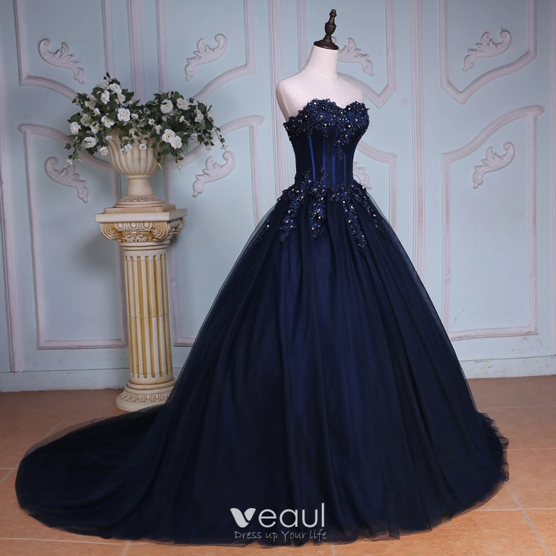 Navy Blue Evening Gown With Tulle Skirt and Side Split, V-shape Corset  Embroidered With Velvet Flowers and Sequins. -  Canada