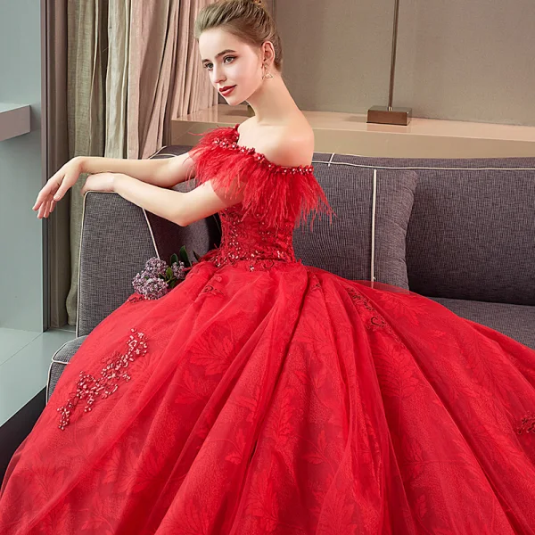 Charmant Rot Brautkleider / Hochzeitskleider 2019 Ballkleid Off Shoulder Spitze Pailletten Applikationen Quaste Kurze Ärmel Rückenfreies Kathedrale Schleppe