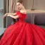 Charmant Rot Brautkleider / Hochzeitskleider 2019 Ballkleid Off Shoulder Spitze Pailletten Applikationen Quaste Kurze Ärmel Rückenfreies Kathedrale Schleppe