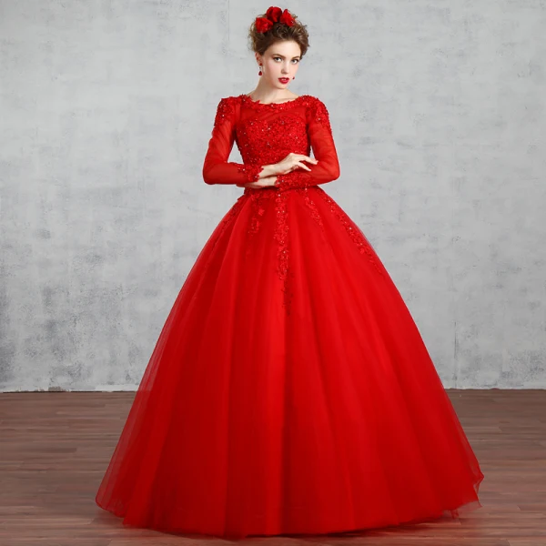 Schöne Muslimisches Rot Brautkleider / Hochzeitskleider 2019 Ballkleid Rundhalsausschnitt Spitze Blumen Strass Pailletten Lange Ärmel Rückenfreies Lange