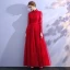 Chinese style Burgundy Evening Dresses  2019 A-Line / Princess High Neck Lace Beading Crystal Bow Sash 1/2 Sleeves Floor-Length / Long Formal Dresses