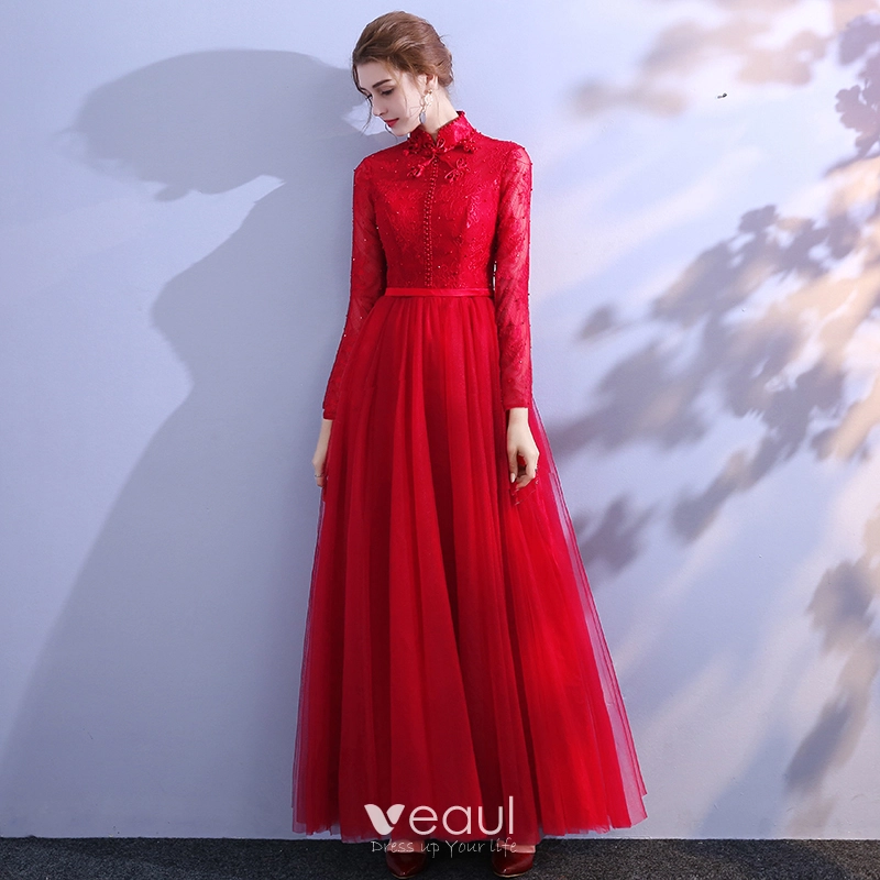 Chinese style Burgundy Evening Dresses 2019 A Line Princess High Neck Lace Beading Crystal Bow Sash 1 2 Sleeves Floor Length Long Formal Dresses