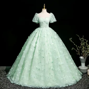 Chic Beautiful Sage Green Beading Butterfly Appliques Prom Dresses 2025 Ball Gown Square Neckline Short Sleeve Backless Floor Length Long Prom Formal Dresses